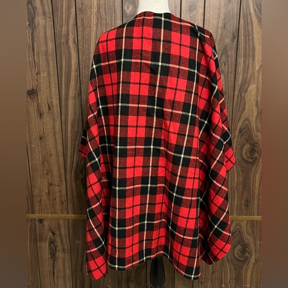 TEXAS BODY HANGINGS RED BLACK Plaid Wool Belted Cape Wrap Cloak Rare One Size - Picture 4 of 5